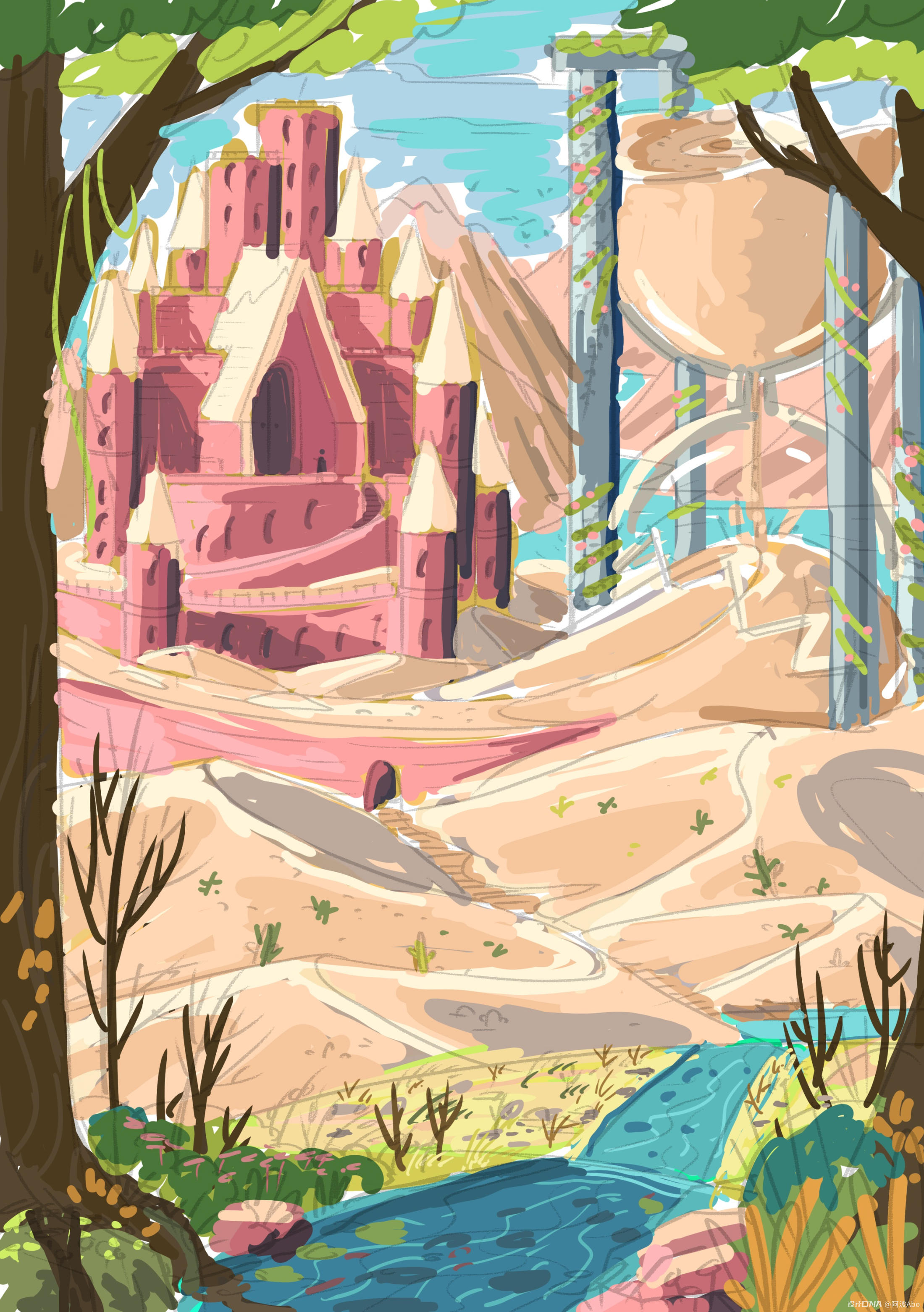 沙漠里的粉色城堡风格插画设计作品-设计人才灵活用工-设计DNA